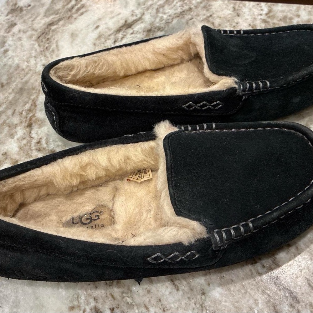 UGG Black Suede Shearling Lined Moccasin Slippers